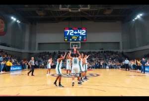 Final score displayed on scoreboard during Rock Hill vs Fort Mill basketball game.