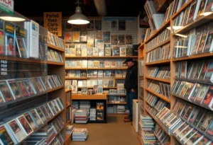 A scene depicting a card shop with trading cards on display, capturing the essence of the recent burglary incident.