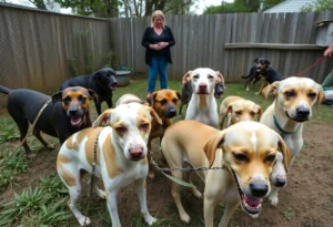 Rescued dogs showing signs of abuse and neglect from a dogfighting operation.