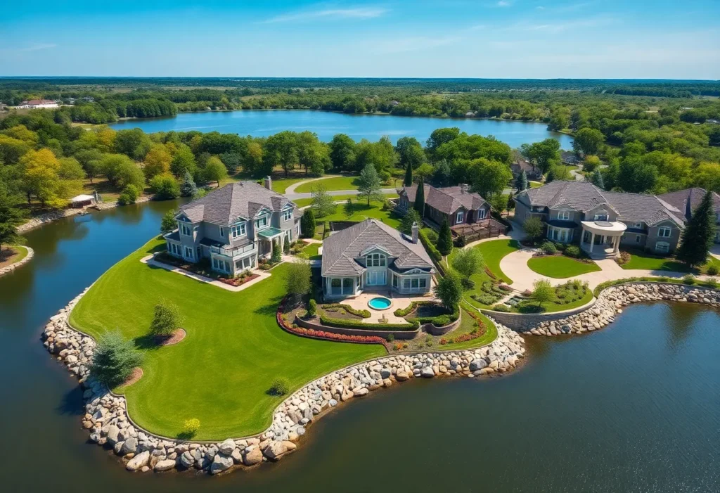 Aerial view of million-dollar homes with lakefront views in Rock Hill.