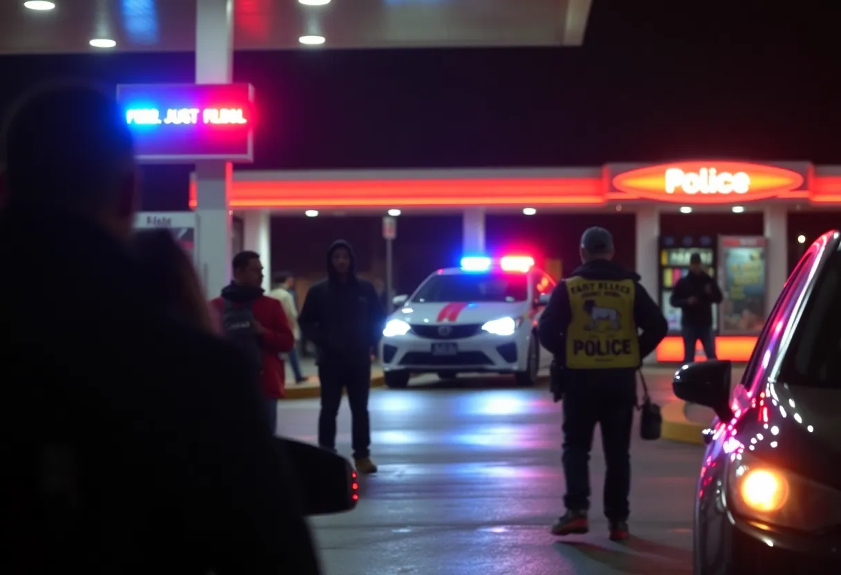 Police lights at a gas station during a traffic stop