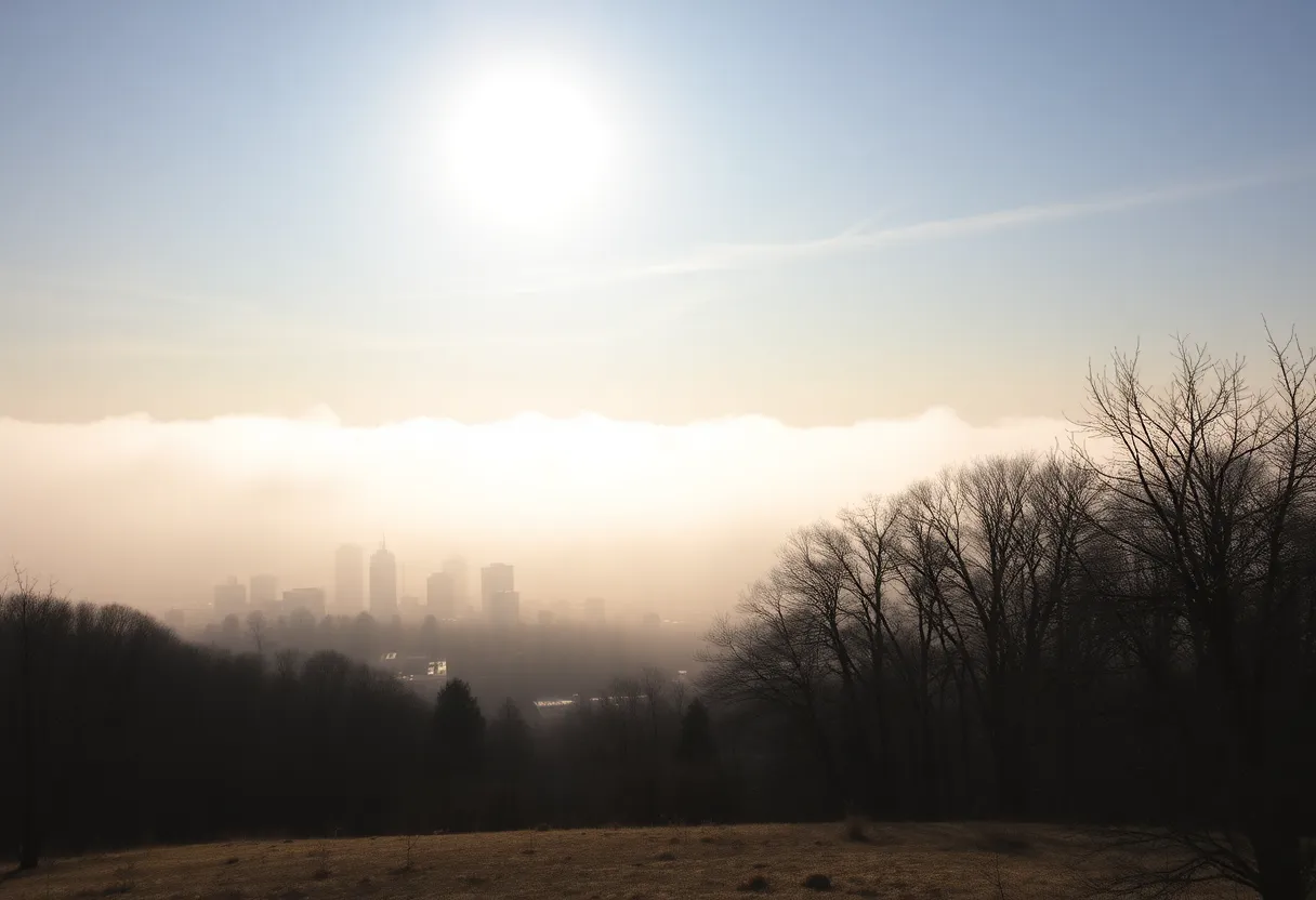 Foggy morning view of Rock Hill transitioning to sunny skies