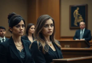 Courtroom scene with a woman standing before a judge