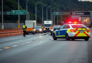 Traffic collision scene with emergency responders and construction signs