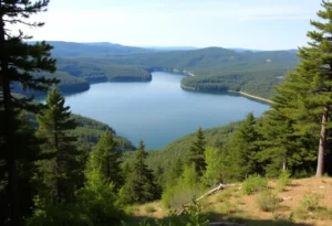 Panoramic view of Tuckertown Reservoir with lush greenery.