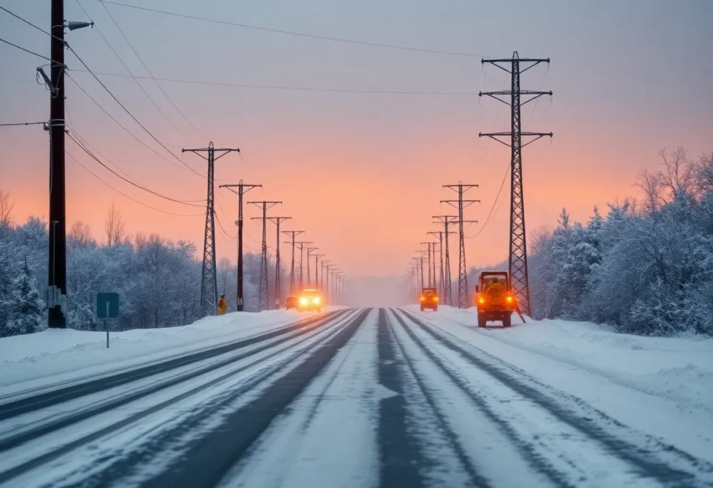 Icy roads and snow-covered power lines during a winter storm in South Carolina.