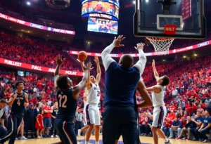 Winthrop Eagles celebrate their victory with a last-second shot in a basketball game.
