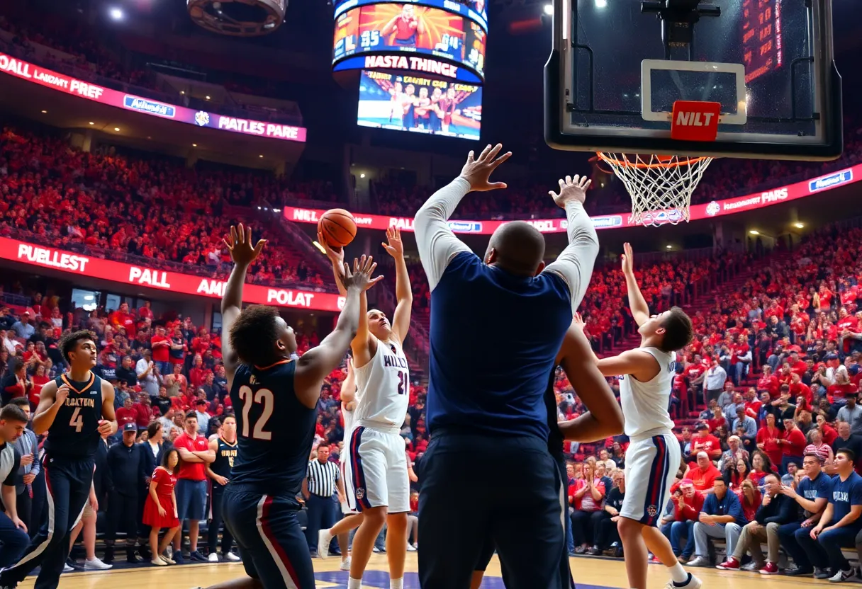 Winthrop Eagles celebrate their victory with a last-second shot in a basketball game.