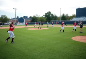 Collegiate softball players practicing on the field