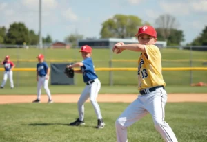 Youth baseball players practicing curveball techniques on a field