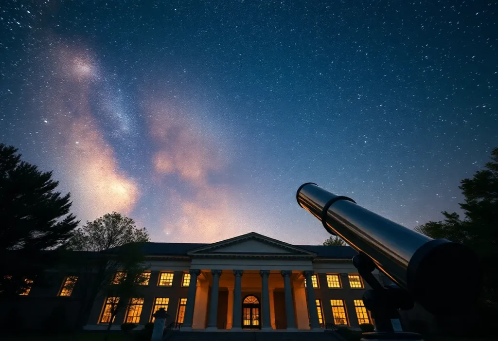 Starry night sky over the Museum of York County with a telescope.