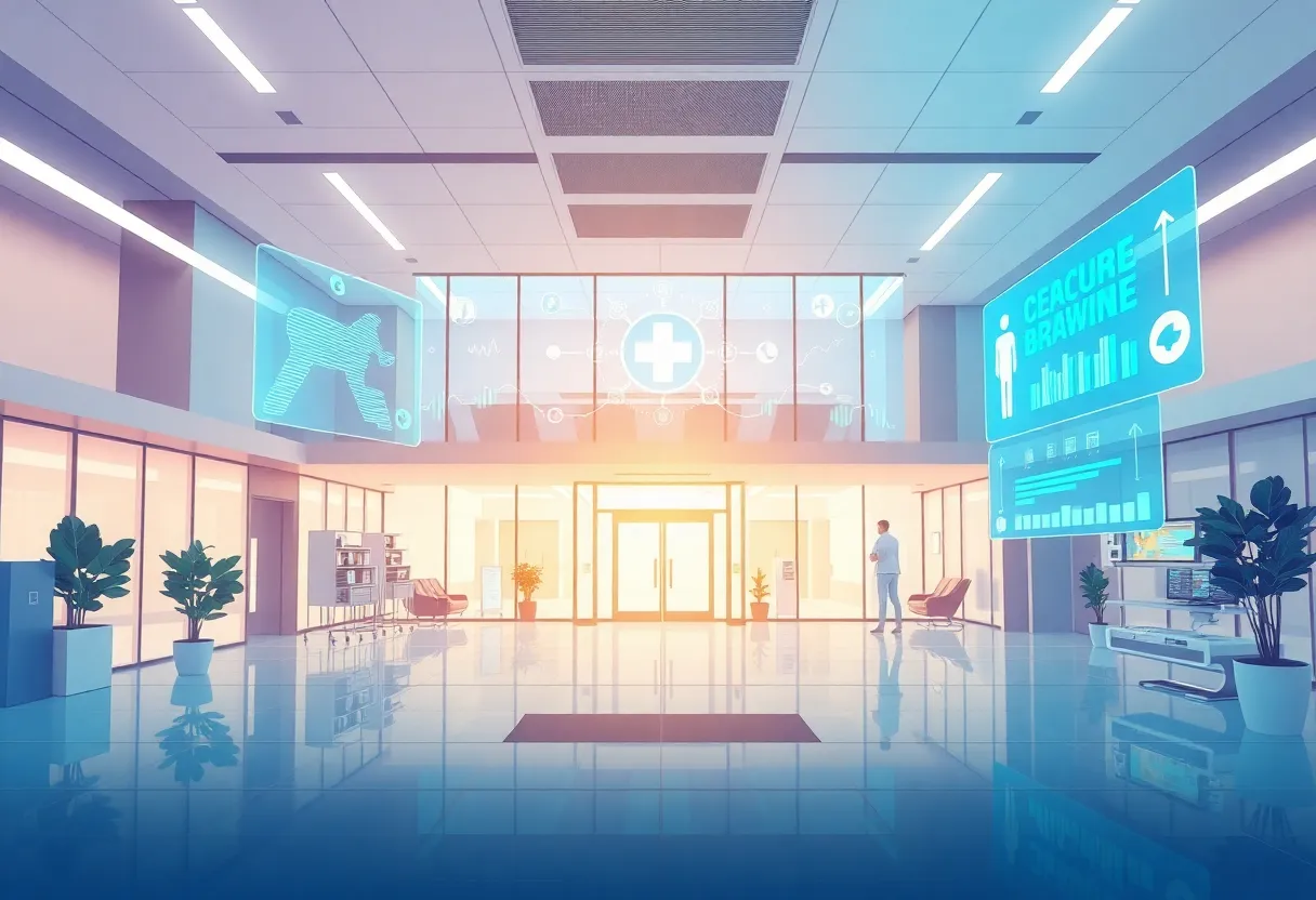 Illustration of a modern healthcare data solution facility