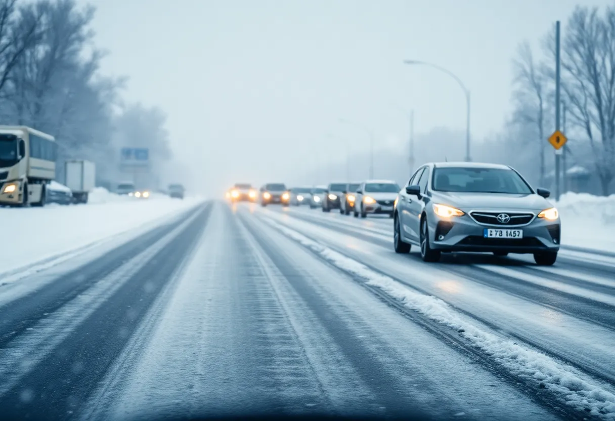 Icy roads covered with snow during a winter snowstorm