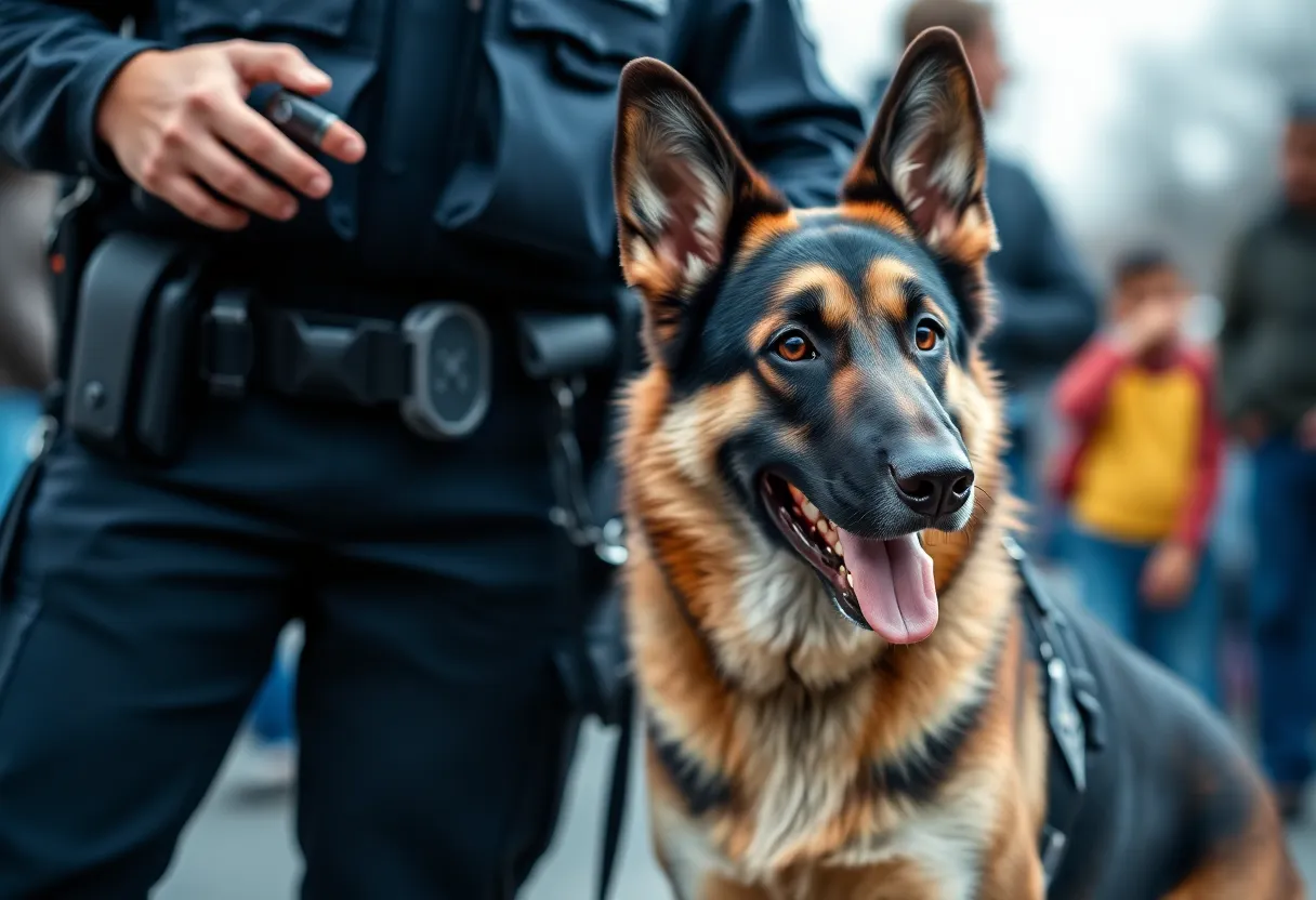 K-9 Officer Apollo in police uniform with handler