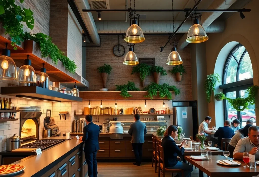 Interior view of Katie's Pizza & Pasta Osteria with customers dining and an open kitchen