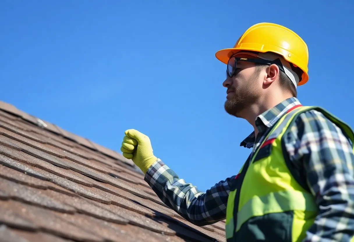 A professional inspecting a residential roof for safety before replacement.
