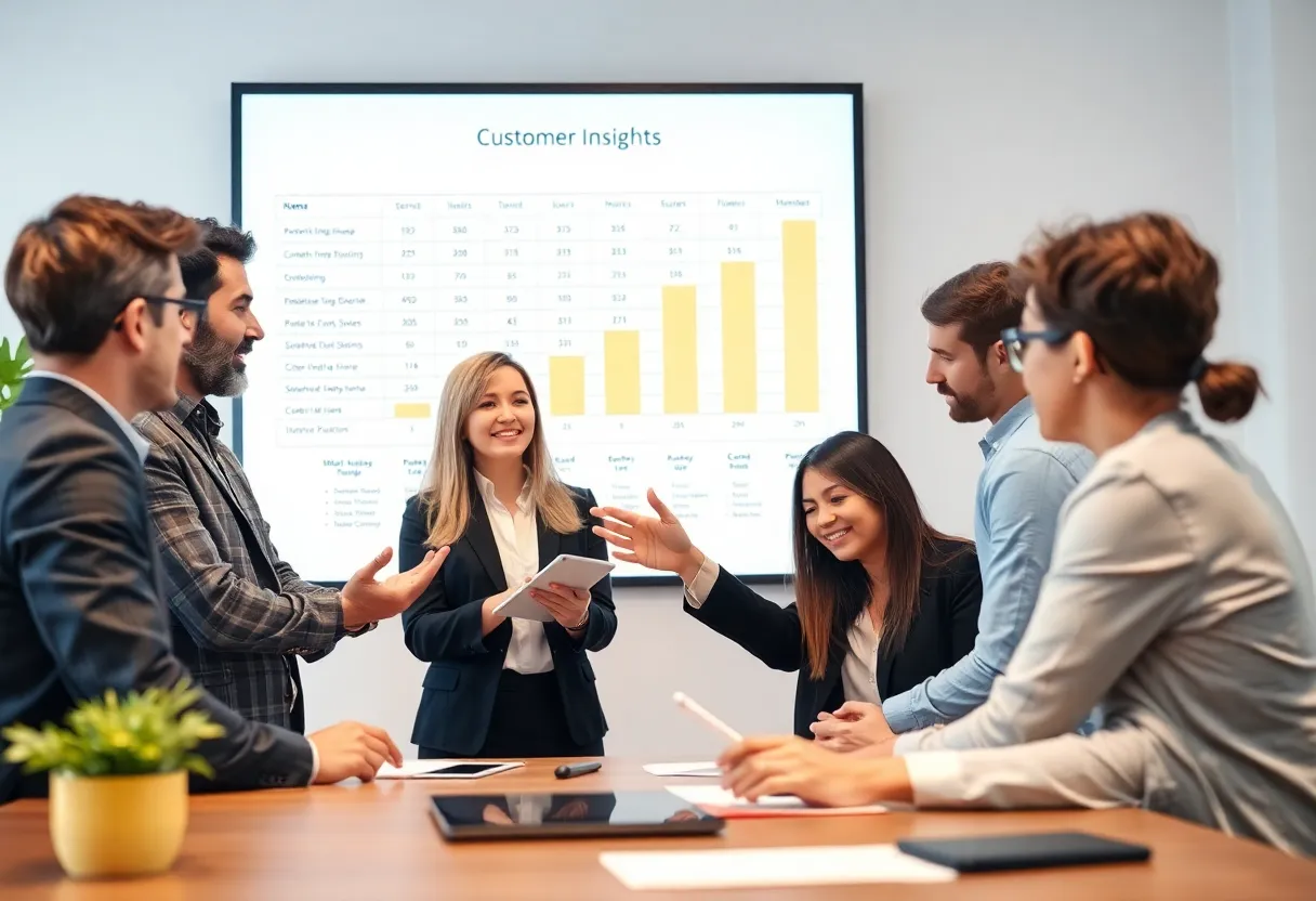 Business team analyzing data from online surveys to improve marketing strategy.