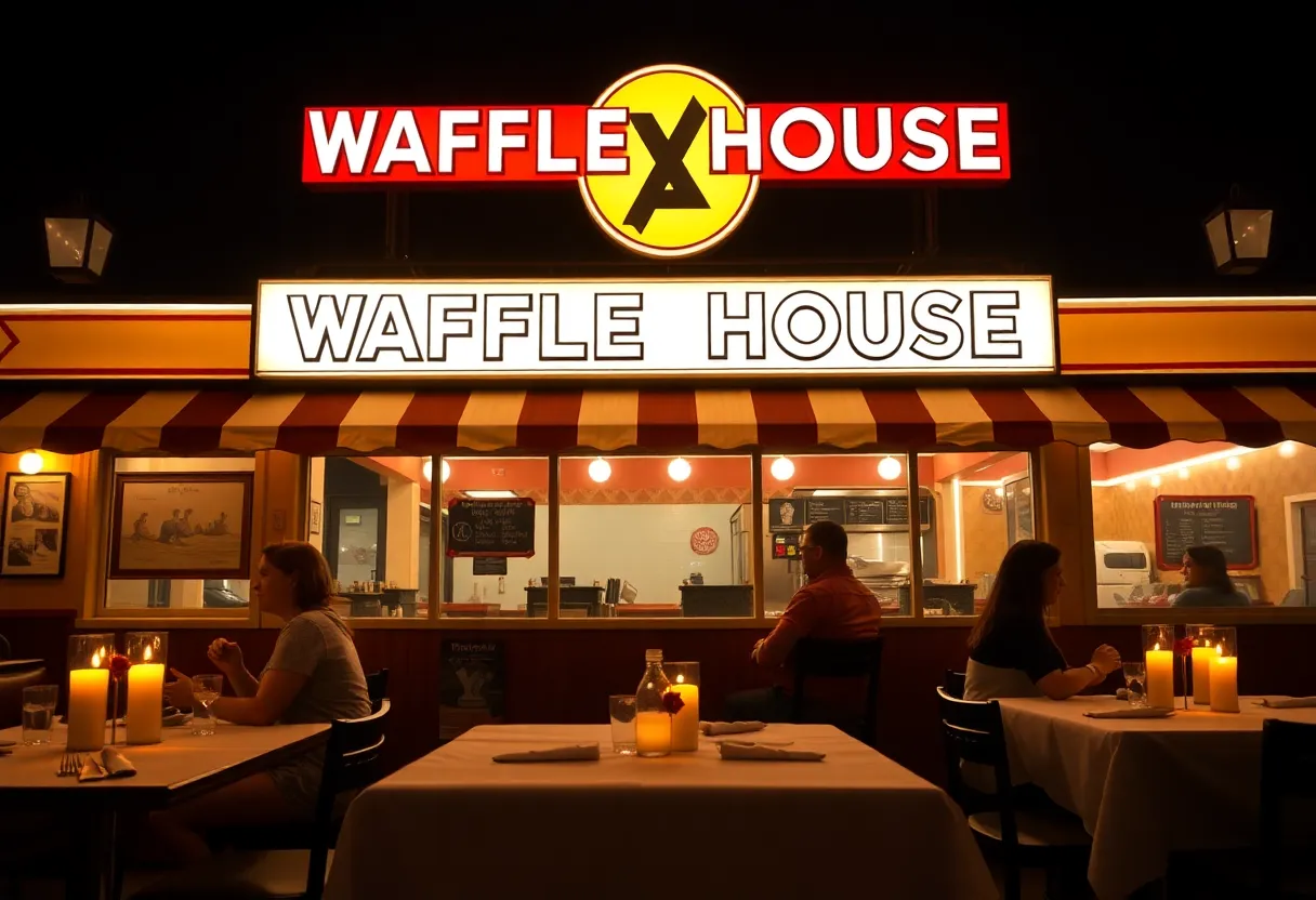 Couples enjoying a romantic dinner at Waffle House with candlelight and white tablecloths