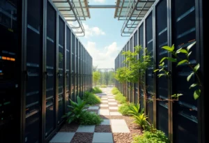 Illustration of a harmonious data center integrated within a community environment.