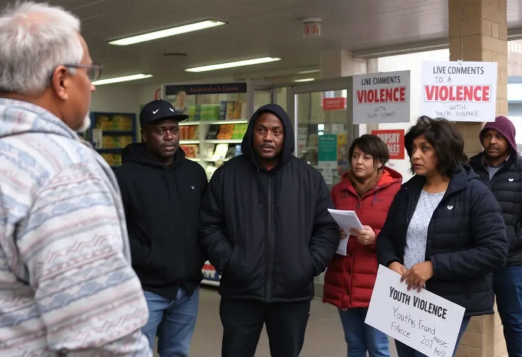 Community members discussing youth violence at a convenience store