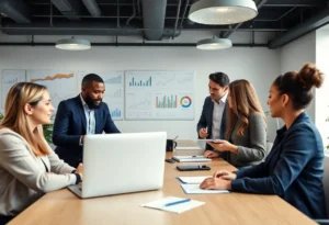 Team of professionals analyzing data insights in a contemporary workspace