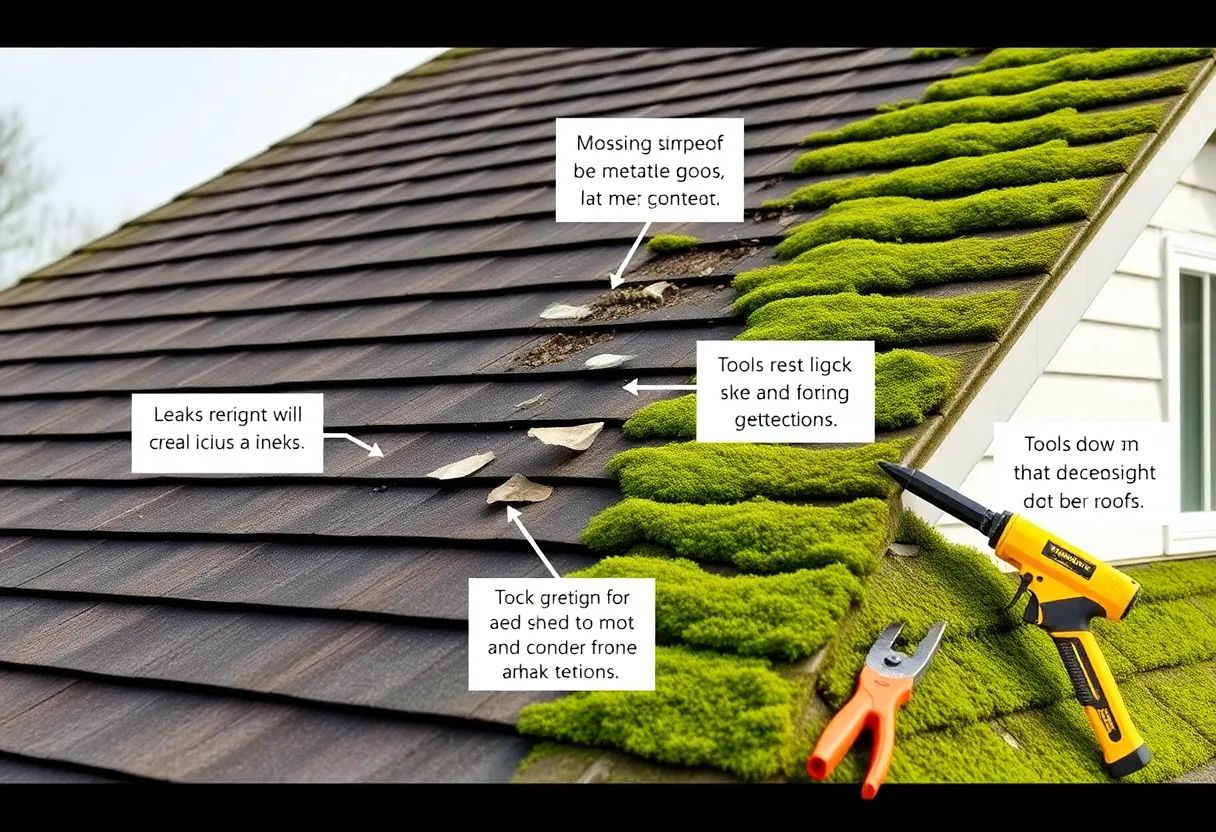 Visual inspection of a residential roof showing common issues.