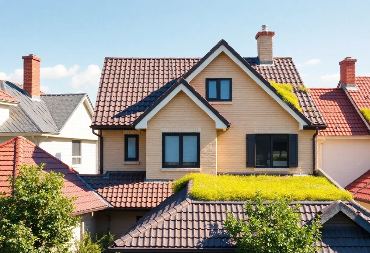 A variety of energy efficient roofing styles on a house under a clear blue sky.