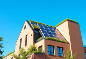 A building with solar panels and greenery on the roof, representing sustainable energy solutions.