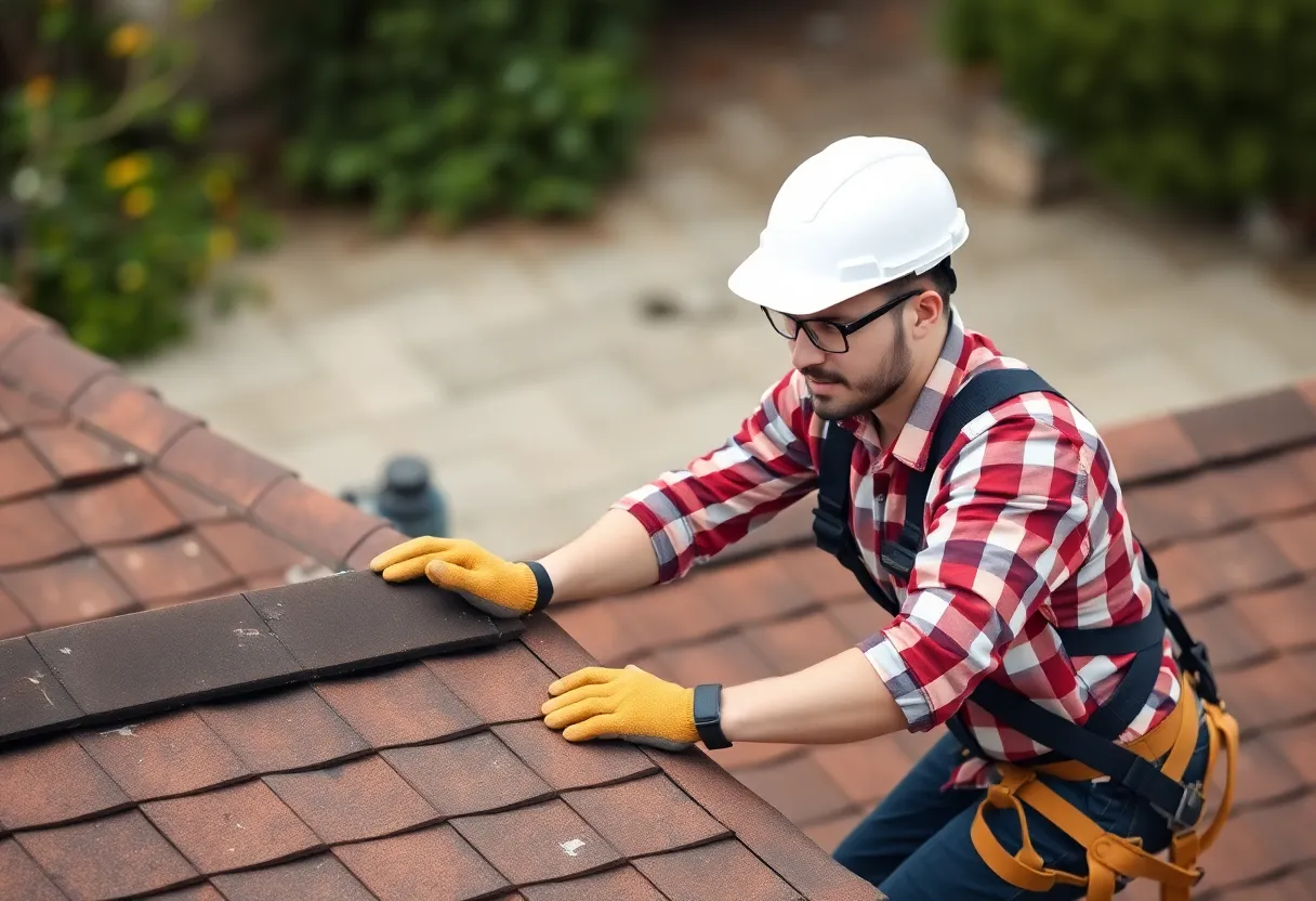 A beginner working on a pitched roof with safety gear for a DIY roofing project.