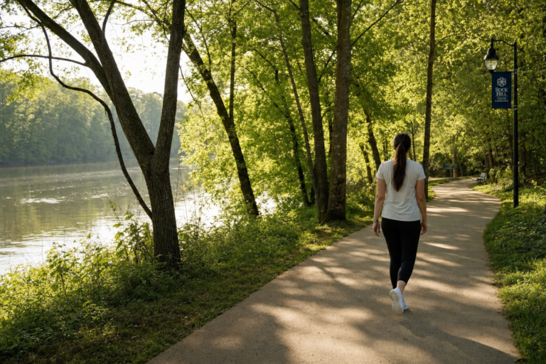 Woman walking on the paved Piedmont Medical Center Trail along the Catawba River in Rock Hill, SC on a spring morning