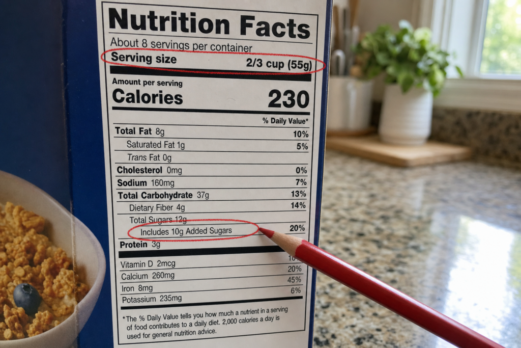 Close-up of a Nutrition Facts label with key sections circled in red pencil, illustrating how to read food labels